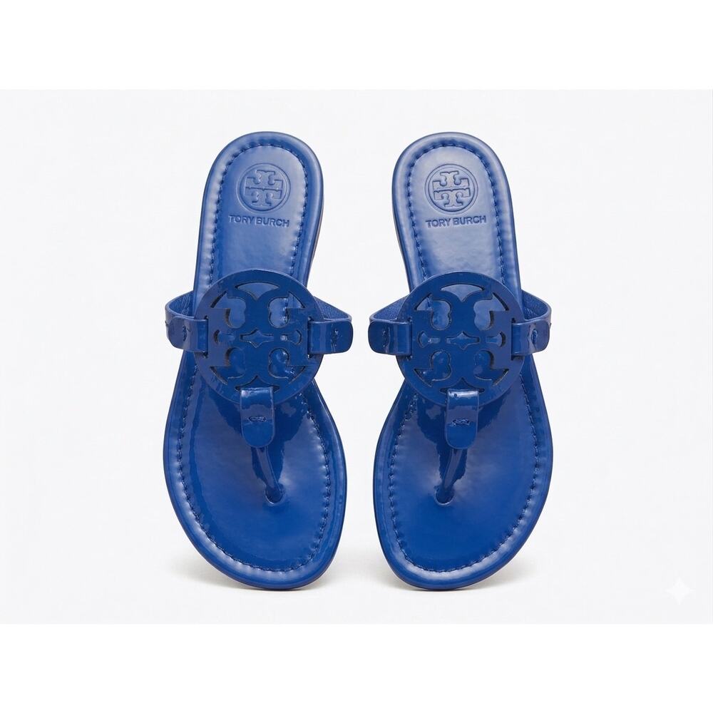 Tory Burch Miller Naplak Patent Leather Sandal Nautical Blue Thong Flat 6.5